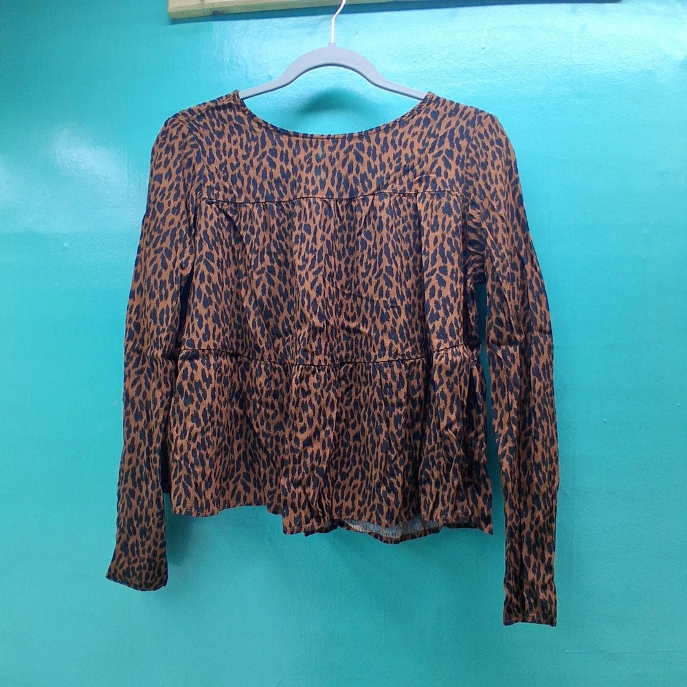 Gap Peplum Blouse S Brown Leopard Print Long Sleeve Tiered Boho Indie